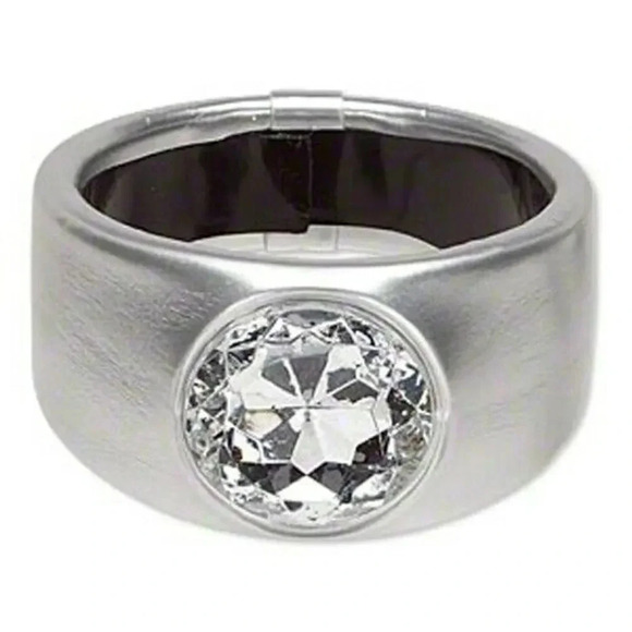 Slick Silver PU Vinyl Rhinestone Chunky Mod Retro Wide Statement Bangle Bracelet - Picture 1 of 1